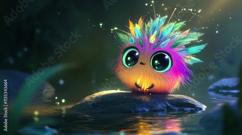Whimsical spiky creature with radiant rainbow fur and twinkling eyes, glowing on a river rock amidst soft ambient lighting. Ideal for fantasy and magical worlds.. AI Generation