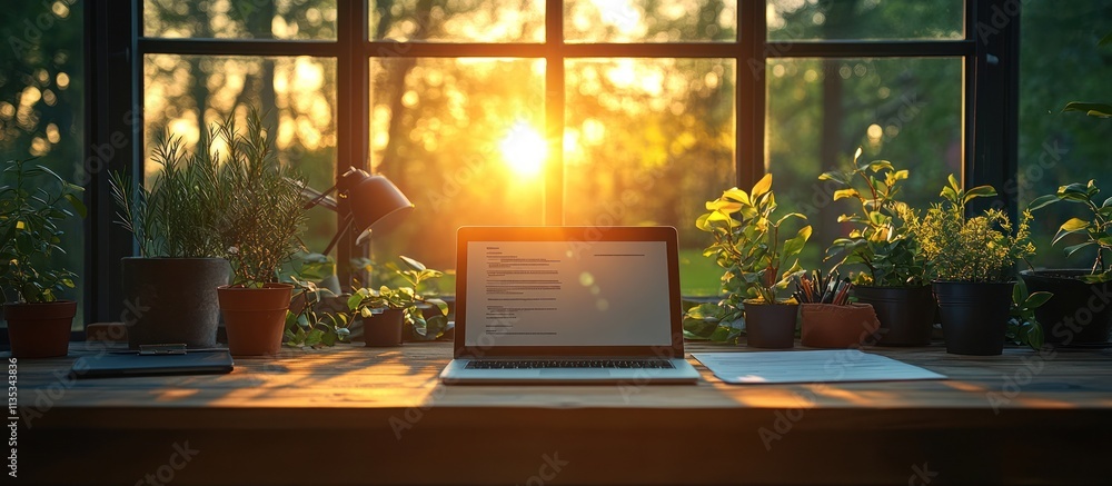 Sunset view laptop on wooden desk with plants. Sunset view laptop on wooden desk with plants.
