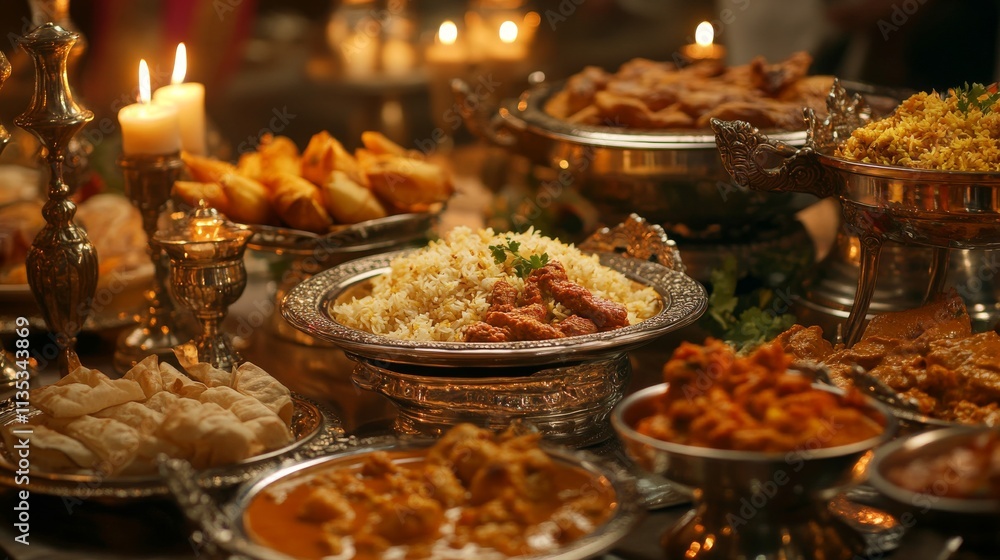 A magnificent table filled with traditional cuisine, including rice, curries, pastries, and sweets, elegantly arranged in silver platters and glowing under candlelight.. AI Generation A magnificent table filled with traditional cuisine, including rice, curries, pastries, and sweets, elegantly arranged in silver platters and glowing under candlelight.. AI Generation