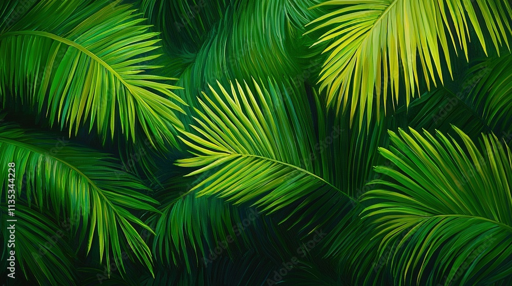 Fototapeta premium Painting of palm leaves against black canvas with blue sky background
