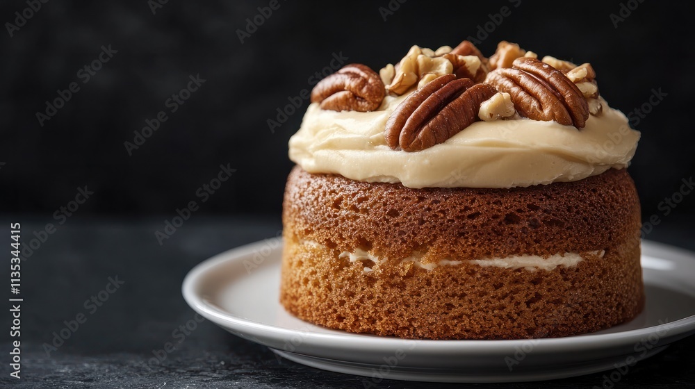 Close up food photography of a homemade sponge coffee cake topped with buttercream or frosting and pecan nuts served on a white plate against a dark background with space. Copy space image Close up food photography of a homemade sponge coffee cake topped with buttercream or frosting and pecan nuts served on a white plate against a dark background with space. Copy space image