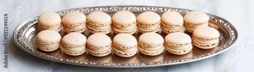 Gourmet macarons arranged on a polished silver platter, promoting indulgence, delicate treats