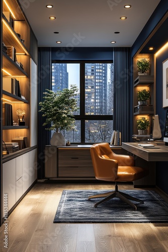 Wallpaper Mural Modern home office with city view, leather chair, built-in shelves, and warm lighting. Torontodigital.ca