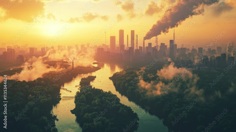 Fototapeta premium Smog-shrouded city at sunset, river flows through green landscape.