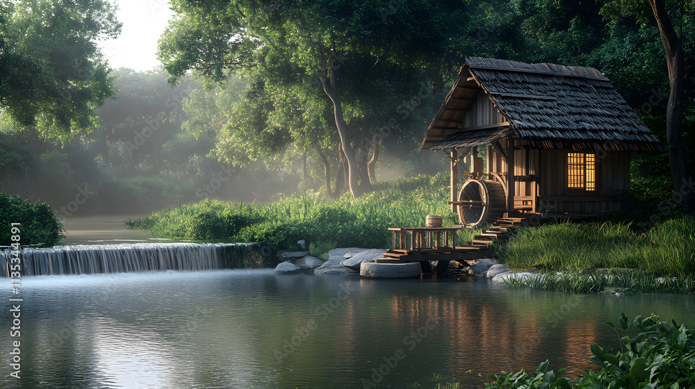 Tranquility and Tradition: A Timeless Water-Powered Rice Mill by the River Tranquility and Tradition: A Timeless Water-Powered Rice Mill by the River