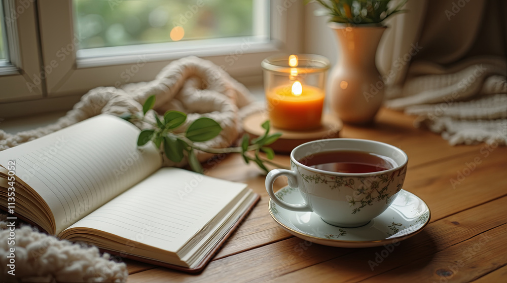 Imagine a warm and inviting indoor atmosphere, complete with a steaming cup of tea, an open notebook, and a gently flickering candle placed by the window, creating the perfect ambiance for a peaceful Imagine a warm and inviting indoor atmosphere, complete with a steaming cup of tea, an open notebook, and a gently flickering candle placed by the window, creating the perfect ambiance for a peaceful