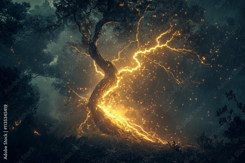 Obraz premium Glowing energy flows through a rain-swept forest tree.