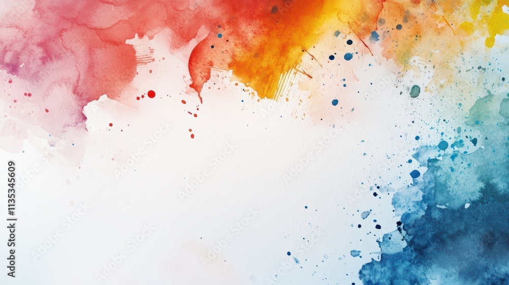 Obraz premium Colorful watercolor background with paintbrush and colorpots on white paper, copy space for text. Artistic creative design template. Watercolour painting. Color splashes, brush strokes. Flat lay