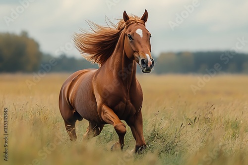 Chestnut horse cantering through wide open field mane blowing in the wind green pasture in summer photo