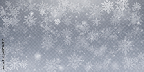 Winter Christmas background with many snowflakes winter snowstorm. Vector texture of cold Christmas snowstorm with snowflakes on transparent background.