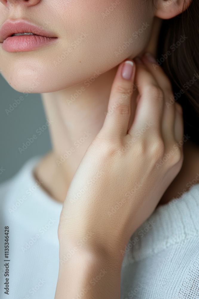 Close-Up of Woman's Lips and Fingers Highlighting Soft Skin and Contemplative Expression Close-Up of Woman's Lips and Fingers Highlighting Soft Skin and Contemplative Expression
