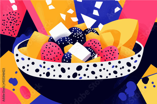 Tropical Fruit Salad Illustration: A vibrant and colorful illustration featuring a bowl of fresh tropical fruit salad. The illustration is perfect for use in food and beverage marketing, social media.