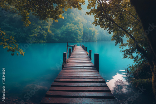 Wooden pier leading to tranquil blue water surrounded by lush green foliage