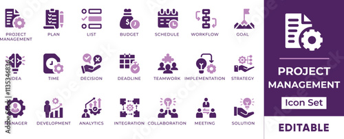 Project Management Icon Set. Features editable icons for project management, planning, execution, control, monitoring, and more. Perfect for project managers, teams, and businesses.