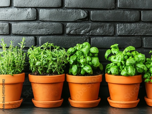 Fresh Herbs Growing in Terracotta Pots Against Brick Wall photo