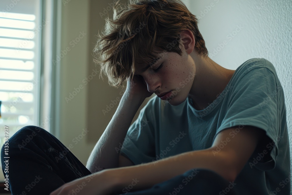 A stressed teenage boy sits on the floor, his hand on his cheek, reflecting on his thoughts. His posture indicates emotional discomfort, and he deep in thought. A stressed teenage boy sits on the floor, his hand on his cheek, reflecting on his thoughts. His posture indicates emotional discomfort, and he deep in thought.