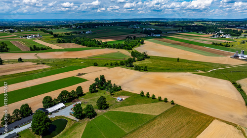 Rolling fields and farmland stretch under a bright sky, featuring patches of green and brown soil. A small pond and farm buildings add charm to this peaceful rural scene.