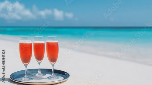 Tray of sparkling drinks on a white sandy beach, promoting indulgence, tropical escape