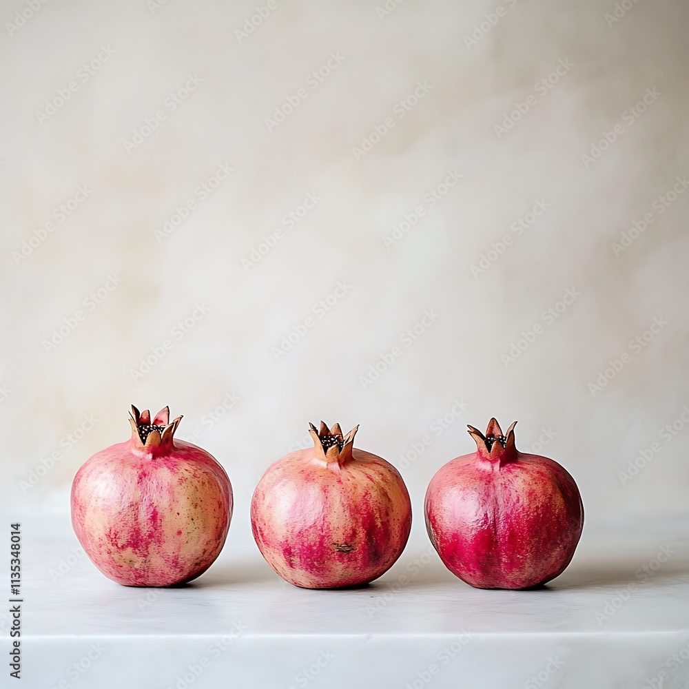 Three ripe pomegranates on a white table Three ripe pomegranates on a white table