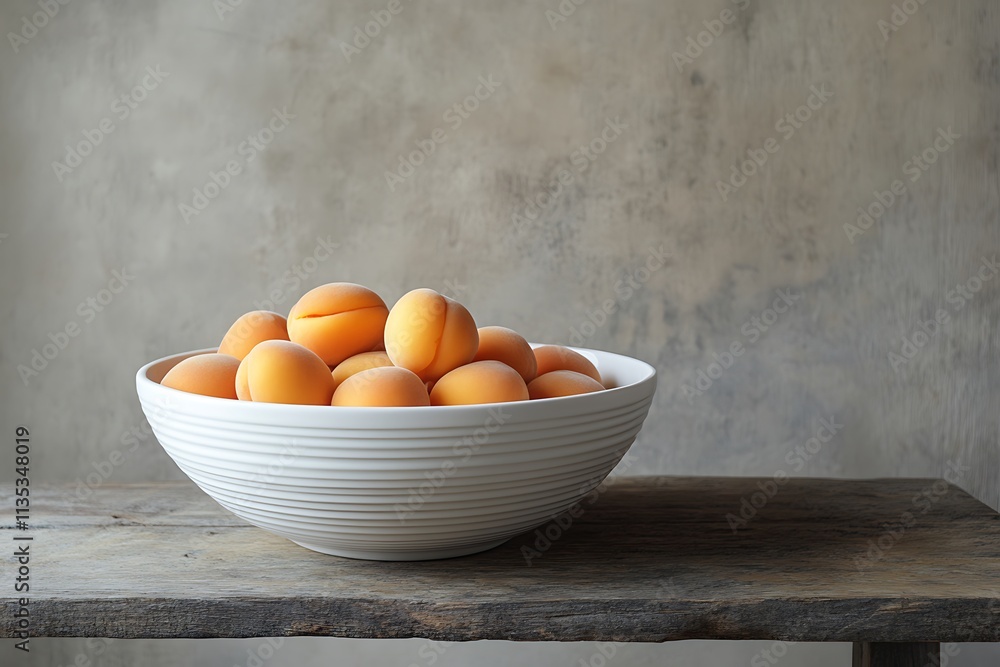 A white bowl filled with fresh apricots on a rustic wooden table. A white bowl filled with fresh apricots on a rustic wooden table.