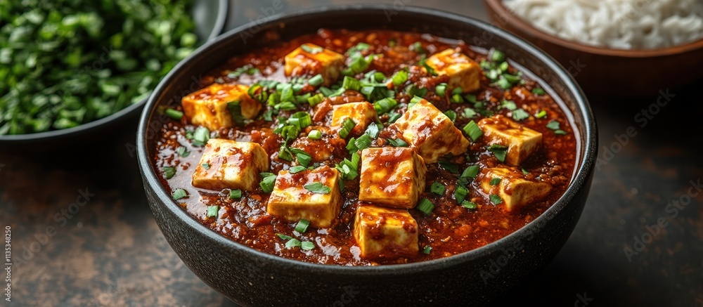 Spicy Tofu in a rich, savory sauce, garnished with green onions, served in a dark bowl. Spicy Tofu in a rich, savory sauce, garnished with green onions, served in a dark bowl.