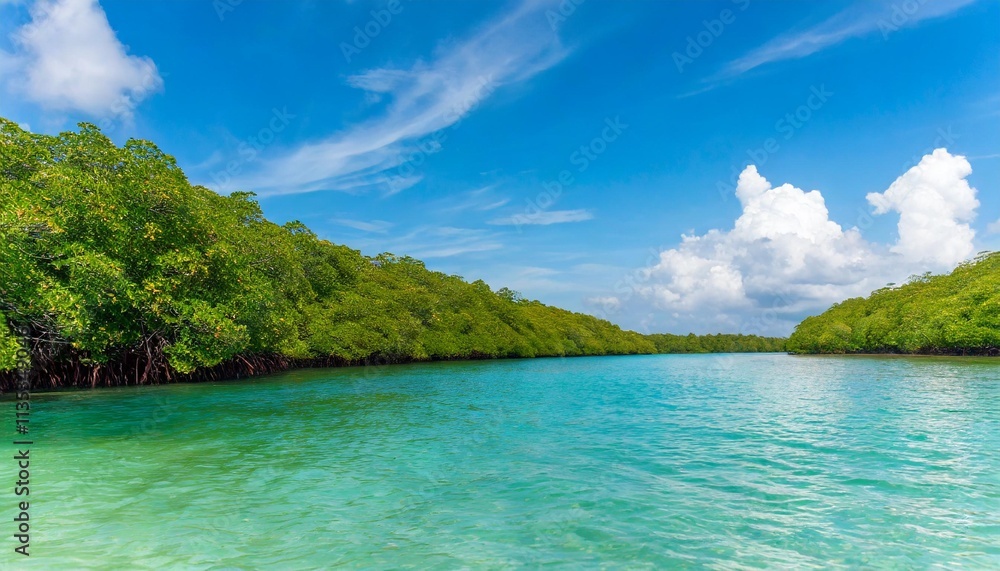 Crystal-Clear Tropical Lagoon Fringed by Lush Mangroves Under Azure Skies Crystal-Clear Tropical Lagoon Fringed by Lush Mangroves Under Azure Skies