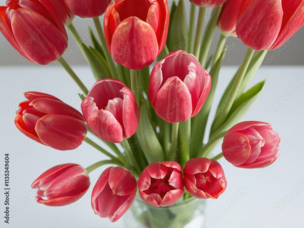 Vibrant red and pink tulips in a glass vase, close-up, vibrant, nature Vibrant red and pink tulips in a glass vase, close-up, vibrant, nature