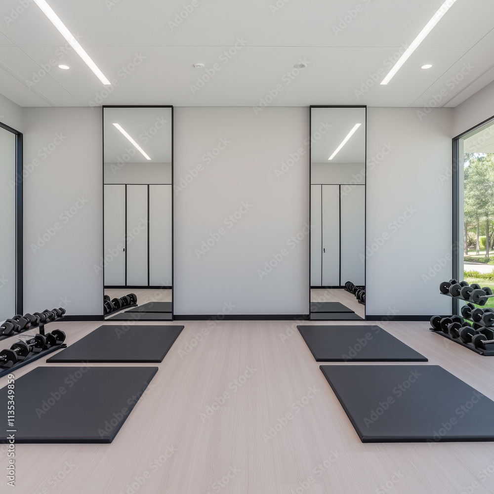 Gym with Mirrored Walls and Black Frames: Sleek and Professional Setup Gym with Mirrored Walls and Black Frames: Sleek and Professional Setup