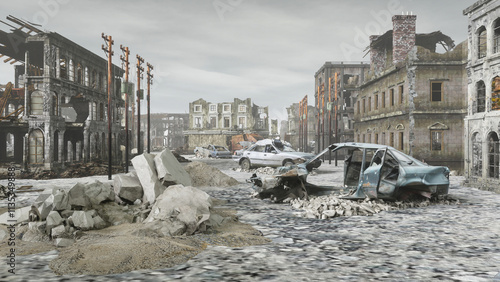 devastated and destroyed city after military operations