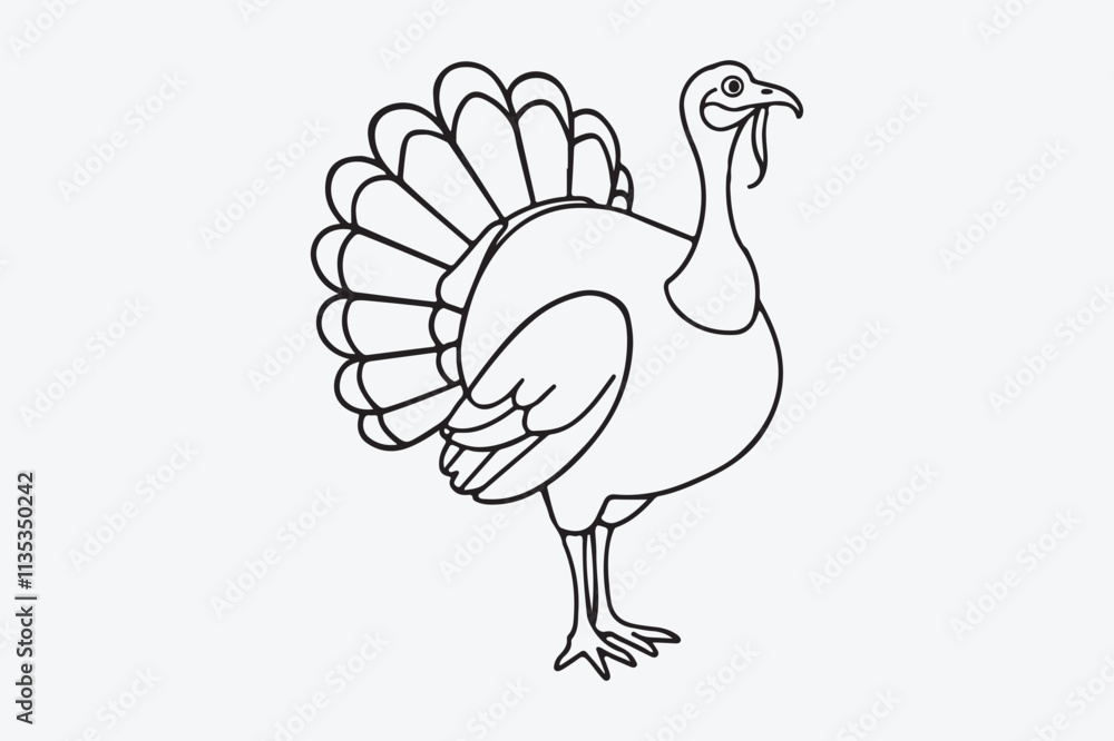 A black and white line art illustration of a turkey standing upright. A black and white line art illustration of a turkey standing upright.
