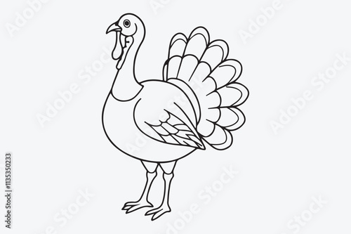 A black and white line art illustration of a turkey standing upright.