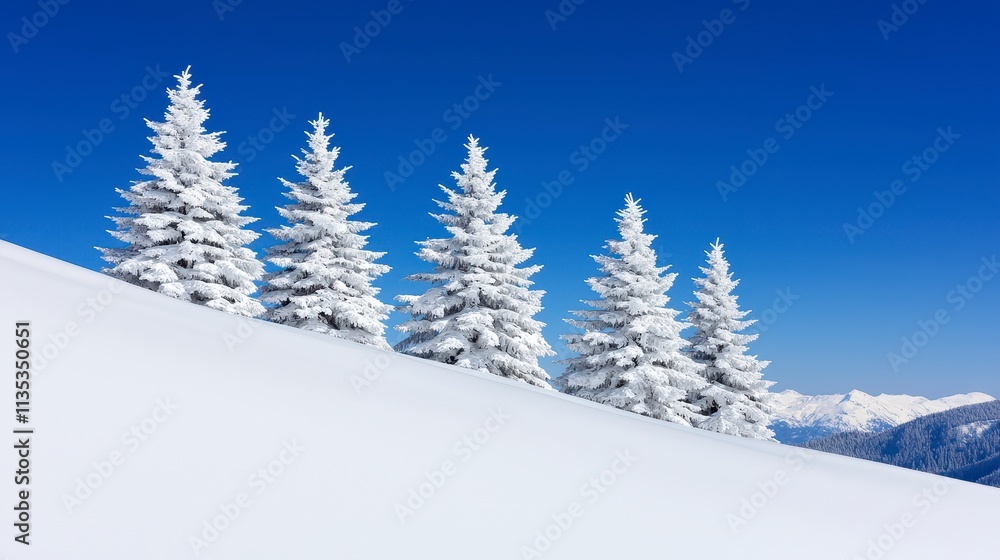 Winter Wonderland Four Snow-Covered Pines on a Snowy Slope Winter Wonderland Four Snow-Covered Pines on a Snowy Slope