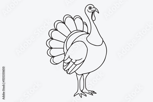 A black and white line art illustration of a turkey standing upright.