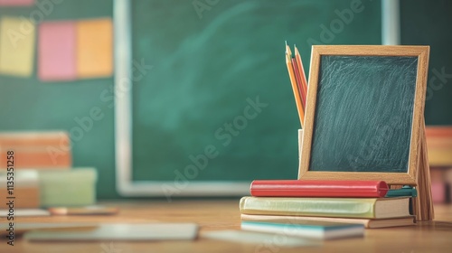 A nostalgic Back to School composition with school supplies and a chalkboard against a classroom setting, macro shot, Minimalist style photo