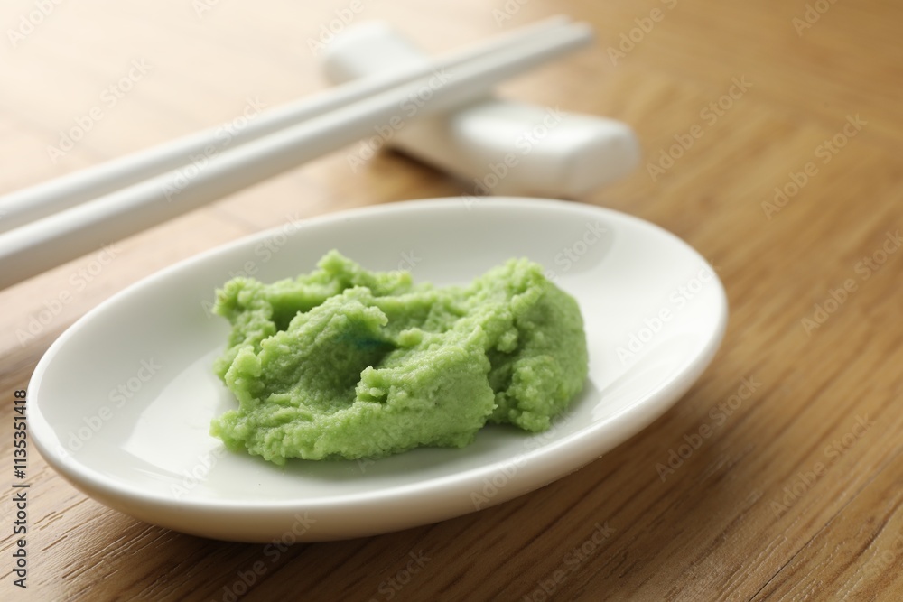 Hot wasabi paste and chopsticks on wooden table, closeup Hot wasabi paste and chopsticks on wooden table, closeup