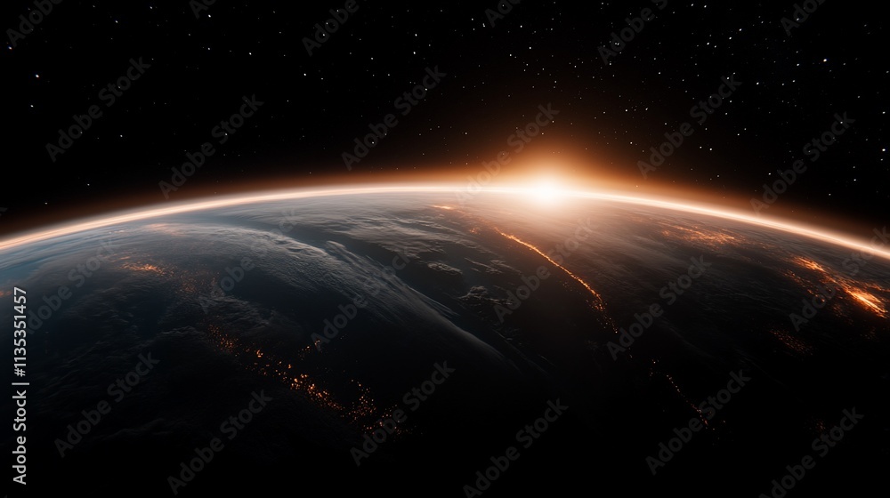 Fototapeta premium Sunrise over Earth from space, showing atmosphere and curvature.