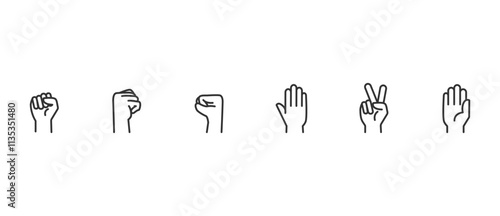 Simple open hand gesture linear icons set. Clenching fist gesture, peace and love. Hand icon set. Contains hand gestures vector icons in line form isolated on transparent background. Editable stroke.