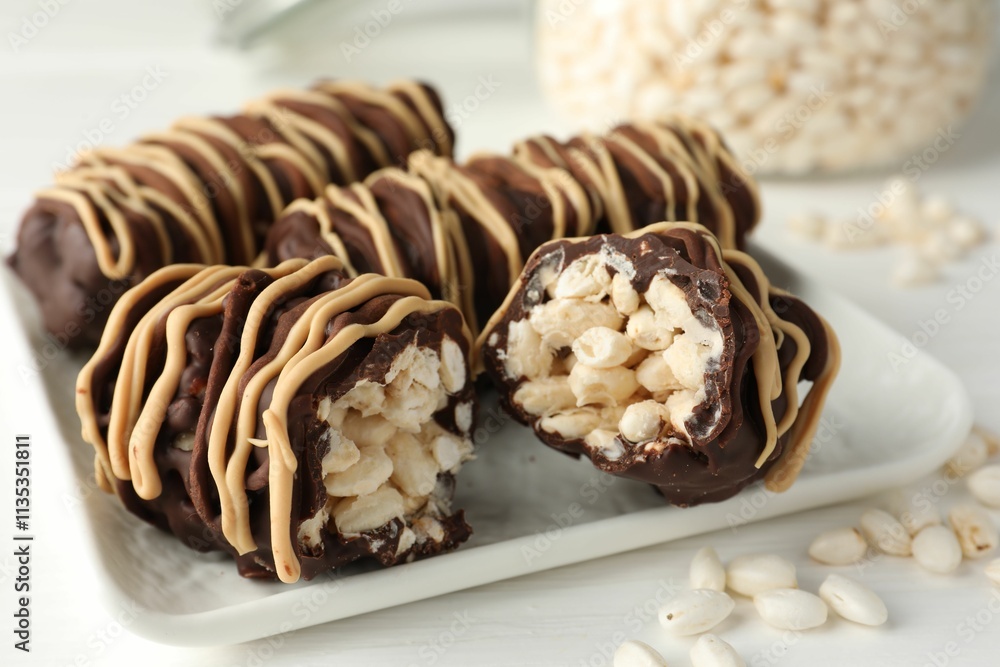 Delicious chocolate puffed rice bars on white wooden table, closeup Delicious chocolate puffed rice bars on white wooden table, closeup