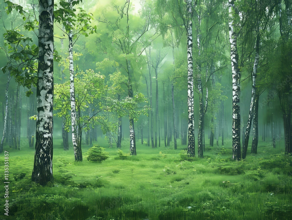 Obraz premium Lush green forest with birch trees and vibrant undergrowth.