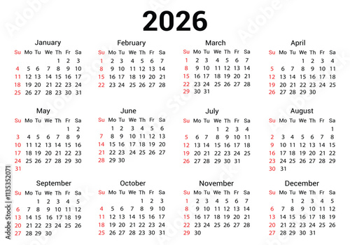 Calendar 2026 year vector illustration, Week Start on Sunday, Monthly calendar template for 2026 years, calendar in a minimalist style, Calendar Set for 2026 year.