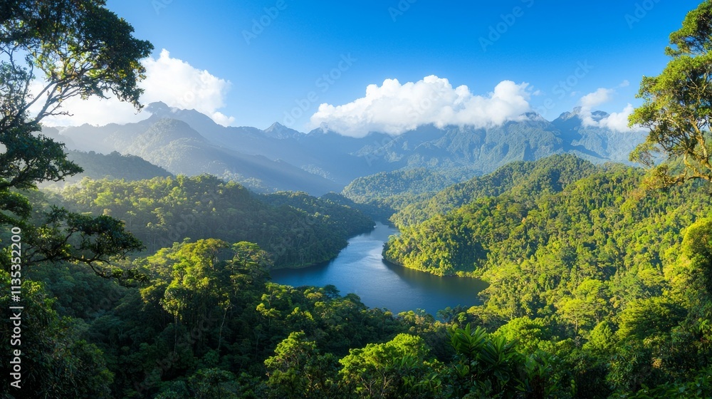 Lush green landscape with a winding river and mountains under a blue sky. Lush green landscape with a winding river and mountains under a blue sky.