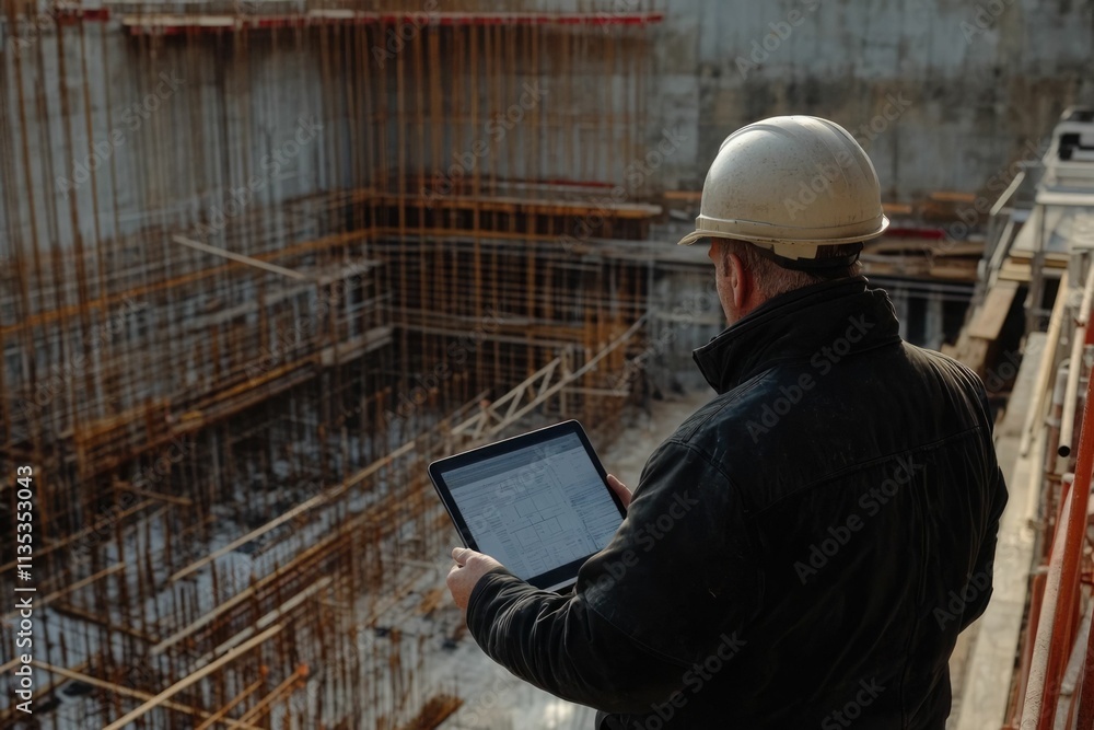civil engineer or architect with hardhat on construction site checking schedule on tablet computer civil engineer or architect with hardhat on construction site checking schedule on tablet computer