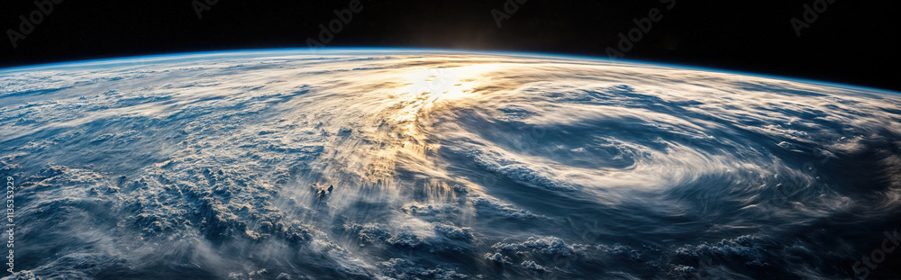 Sunrise illuminates earth and dramatic clouds from space Sunrise illuminates earth and dramatic clouds from space