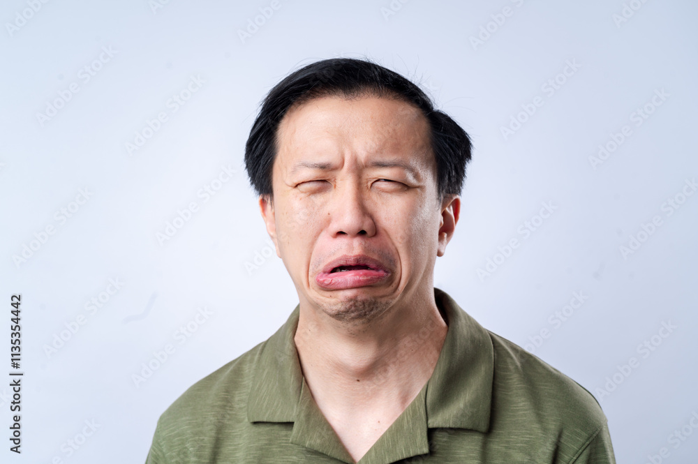 An Asian man in a green shirt expresses sorrow and despair with his mouth open and eyes closed, showcasing a dramatic and emotional reaction, against a plain white background An Asian man in a green shirt expresses sorrow and despair with his mouth open and eyes closed, showcasing a dramatic and emotional reaction, against a plain white background