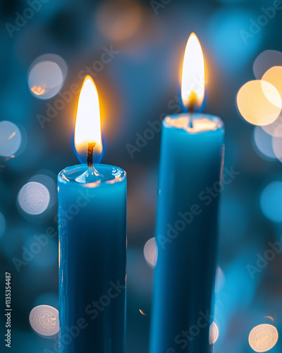 Blue candles lit on the first night of Hanukkah, soft glow, serene and reflective mood photo