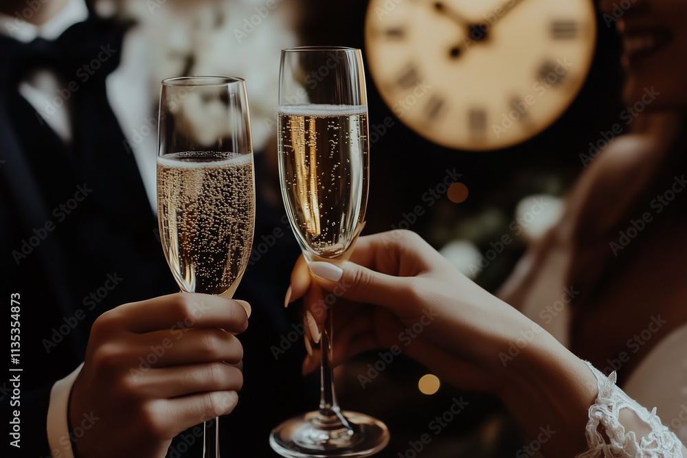 Champagne glasses, cheerful expressions, colorful party lighting Champagne glasses, cheerful expressions, colorful party lighting