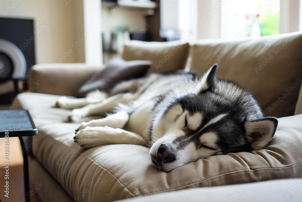 Adorable Siberian Husky dog sleeping peacefully on a comfortable sofa in a cozy indoor environment Adorable Siberian Husky dog sleeping peacefully on a comfortable sofa in a cozy indoor environment