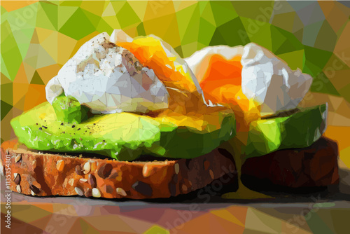 Avocado Toast with Poached Eggs: A vibrant, artistic depiction of a delicious avocado toast topped with perfectly poached eggs, their yolks glistening.