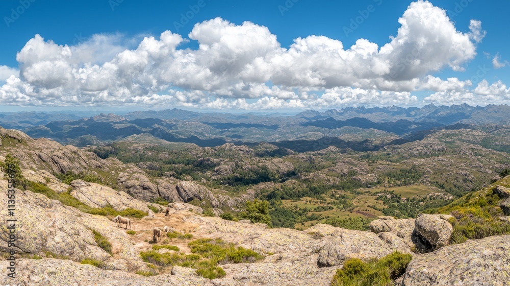 Panoramic view of rugged mountains under a blue sky with fluffy clouds. Panoramic view of rugged mountains under a blue sky with fluffy clouds.