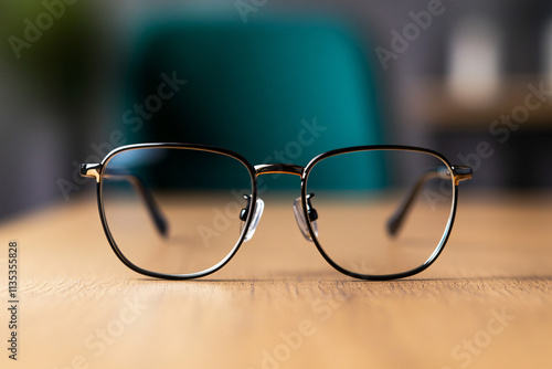 A pair of elegant spectacles rests gently on a warm, wooden table, the blurred teal background hinting at a serene study or office setting.  The image evokes a sense of quiet contemplation and intelle photo